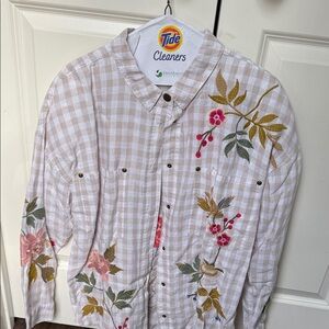 Johnny Was White and Cream Checkered Shirt with Floral Embroidery